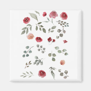 Aimant Aquarelle Aquarelle Rose Feuilles verts Feuille