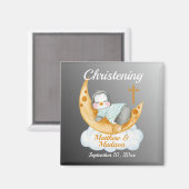 Aimant Aquarelle Baptême Bébé Pingouin Et Lune  (Recto/Verso)