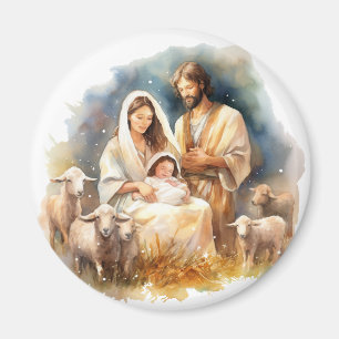Aimant Aquarelle Bébé Jésus Christ avec Marie et Joseph