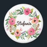 Aimant Aquarelle Boho Floral Wreath Personnalisé<br><div class="desc">Aimant floral personnalisable. Il présente une couronne de fleurs rose et orange aquarelle,  de la verdure,  de la lavande et des plumes. Cet aimant à couronne florale est parfait comme cadeau personnalisé.</div>