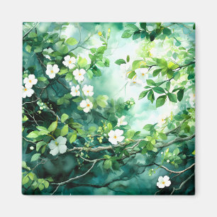 Aimant Aquarelle botanique Fleurs blanches Feuilles verte