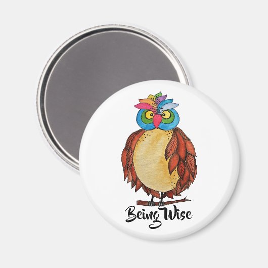 Aimant Aquarelle Chouette magique avec plumes arc-en-ciel (Recto/Verso)