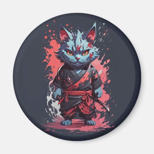 Aimant Aquarelle cool Gris Ninja Chat Guerrier (Devant)