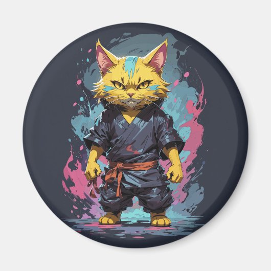 Aimant Aquarelle cool Jaune Ninja Chat Guerrier (Devant)
