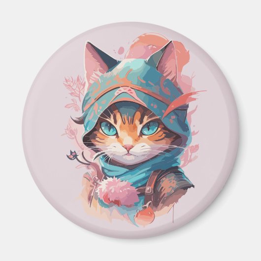 Aimant Aquarelle Cute Hoded Ninja Chat (Devant)