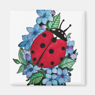 Aimant Aquarelle Cute Ladybird Avec Fleurs Bleues Sauvage