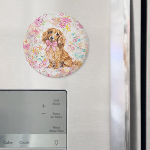 Aimant Aquarelle Dachshund à longs poils Fleurs pastel