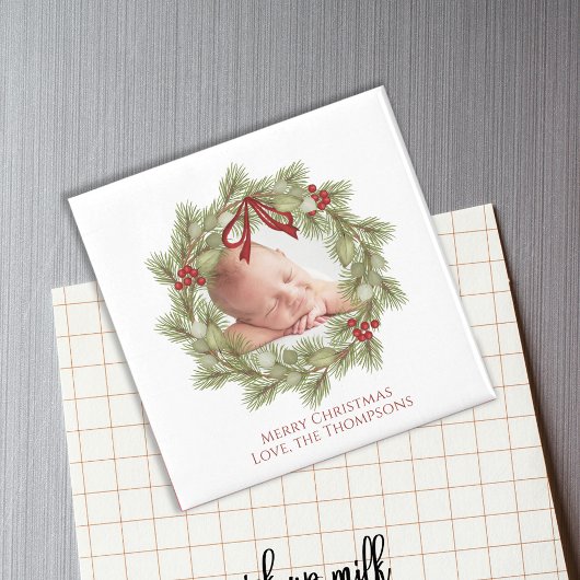 Aimant Aquarelle de Noël Verdure Foliage de couronne