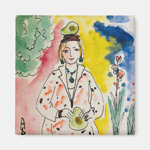 Aimant aquarelle d'encre graphique, femme d'imaginaire