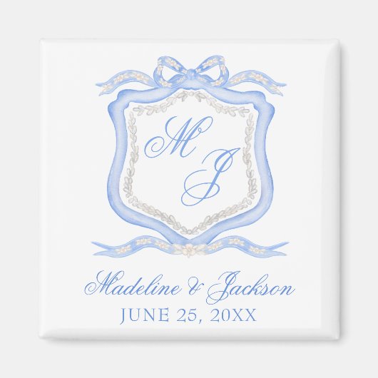 Aimant Aquarelle Designer Blue Monogram Crest Mariage (Devant)