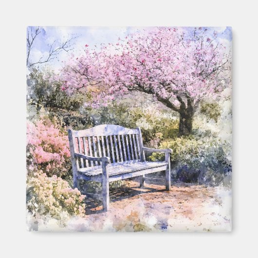 Aimant Aquarelle du banc de fleurs de printemps (Devant)