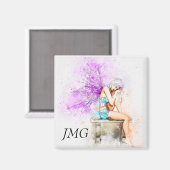 Aimant Aquarelle Fée en bleu avec Monogramme (Recto/Verso)