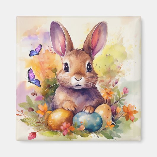 Aimant Aquarelle florale mignonne lapin de Pâques (Devant)