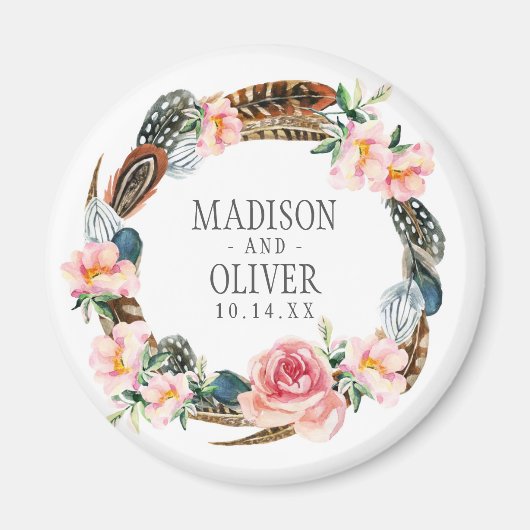 Aimant Aquarelle Florale Wreath avec plumes | MARIAGE (Devant)