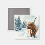 Aimant Aquarelle Highland Cow Winter Scene (Recto/Verso)