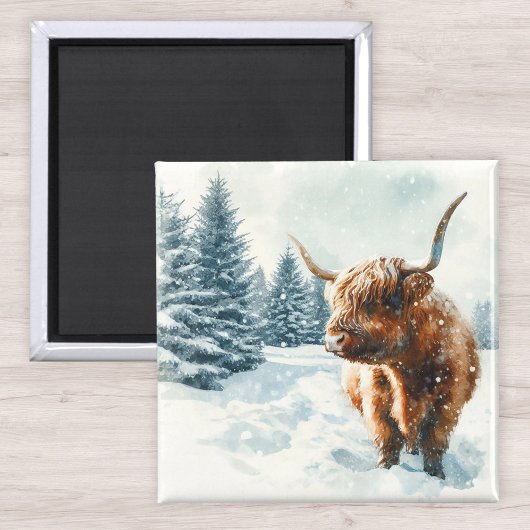 Aimant Aquarelle Highland Cow Winter Scene