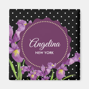 Aimant Aquarelle Iris Violet Points Noir Blanc