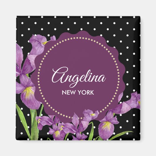 Aimant Aquarelle Iris Violet Points Noir Blanc (Devant)