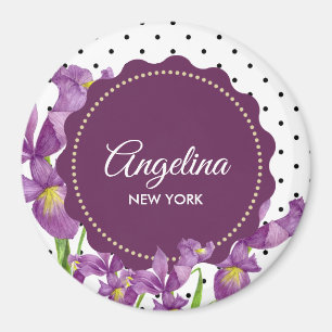 Aimant Aquarelle Iris Violet Points Noir Blanc