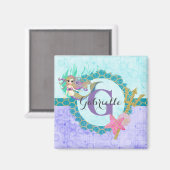 Aimant Aquarelle mignonne de sirène Monogramme Turquoise (Recto/Verso)