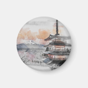 Aimant Aquarelle Pagode japonaise et voyage au Mt. Fuji