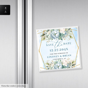 Aimant Aquarelle Pivoines Bleu Poussiéreux Or Faire-Part 