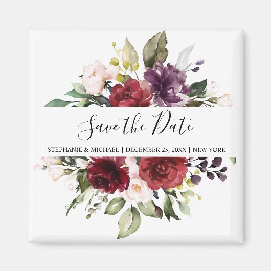 Aimant Aquarelle romantique Bourgogne Rouge Blush Rose Fl (Devant)