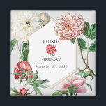 Aimant Aquarelle rose blanc pivoines Mariage<br><div class="desc">Une belle aquarelle rose et blanc peonies fleurissent design mariage avec cadre géométrique or. Un design unique qui utilise des fleurs de pivoines botaniques vintages dans les tons rose et blanc. Un élégant design floral rose et blanc peonies avec une touche de verdure. Un cadre géométrique de mariage chic doré...</div>