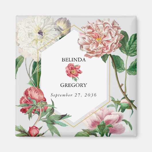 Aimant Aquarelle rose blanc pivoines Mariage (Devant)