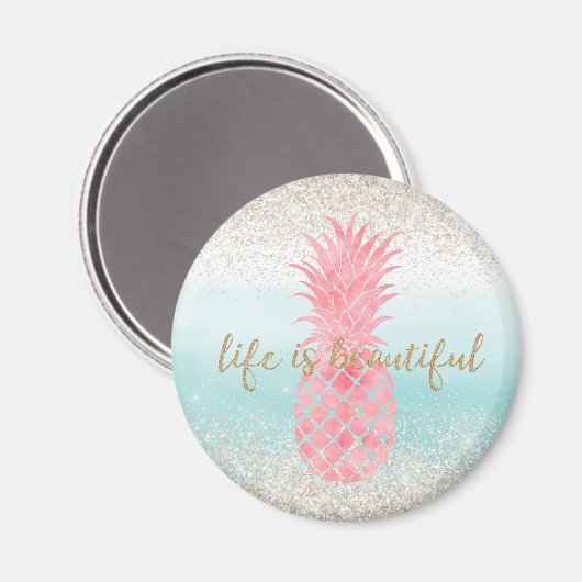 Aimant Aquarelle rose Fille Ananas tropical (Recto/Verso)