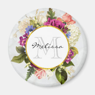 Aimant Aquarelle rose moderne Bouquet floral Monogramme