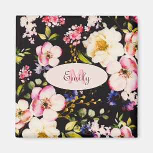 Aimant Aquarelle rose Roses jaunes sur noir, Monogramme
