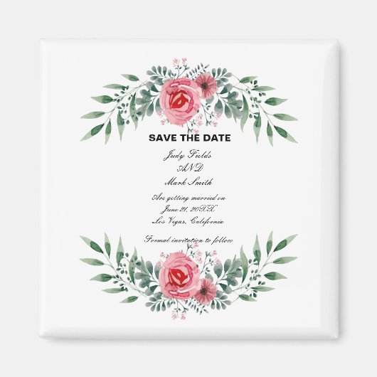 Aimant Aquarelle Rose Vert Feuillage Enregistrer LaDate (Devant)