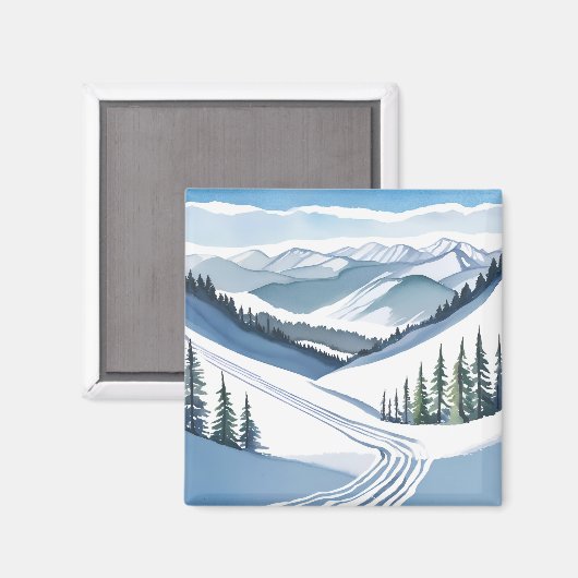 Aimant Aquarelle Ski Mountain (Recto/Verso)