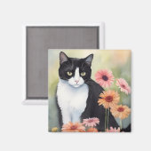Aimant Aquarelle Tuxedo Chat Avec Gerbera Fleurs Faisées (Recto/Verso)