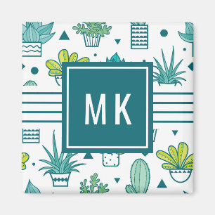 Aimant Aquarelle verte et bleue Motif Succulent