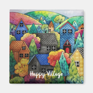 Aimant Aquarelle Village Sur La Colline Avec Maisons Colo