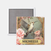 Aimant Aquarelle Vintage Colibri blanc & Roses roses rose (Recto/Verso)