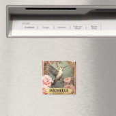 Aimant Aquarelle Vintage Colibri blanc & Roses roses rose (In Situ (Lave-vaisselle))