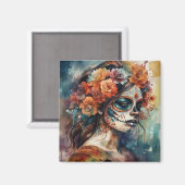 Aimant Aquarelle vive Dia de los Muertos Catrina (Recto/Verso)