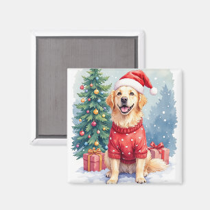 Aimant Arbre de Noël au Golden Retriever à l'aquarelle ch