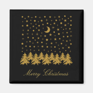 Aimant Arbre de Noël en or brillant, lune, étoiles sur no
