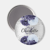 Aimant Argent bleu marine florales élégant nom monogramme (Recto/Verso)