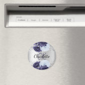 Aimant Argent bleu marine florales élégant nom monogramme (In Situ (Lave-vaisselle))