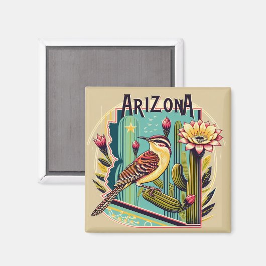 Aimant Arizona State Flower and Bird Cactus Wren (Recto/Verso)