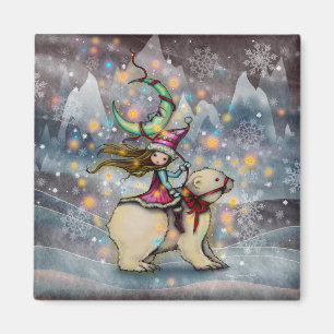 Aimant Art de Noël d'elfe chevauchant un ours polaire