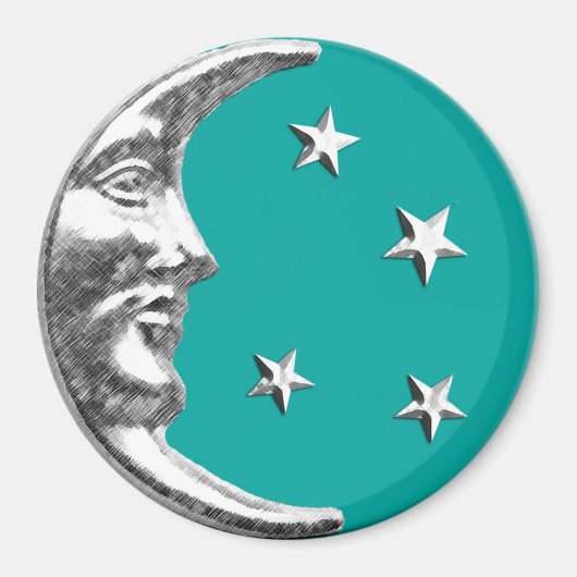 Aimant Art Déco Lune et Etoiles - Turquoise & Argent (Devant)