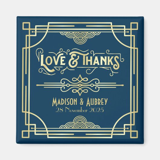 Aimant Art Déco Mariage Love & Thanks Gold Blue Favor (Devant)