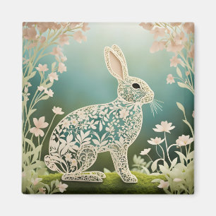 Aimant Art du printemps du lapin à fleurs blanches