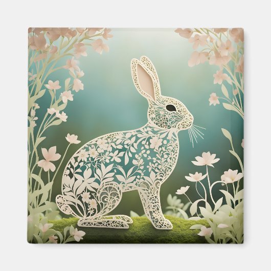 Aimant Art du printemps du lapin à fleurs blanches (Devant)